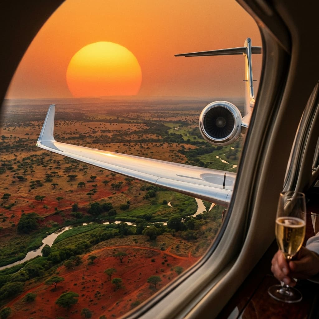 Private jet flying over the African landscape