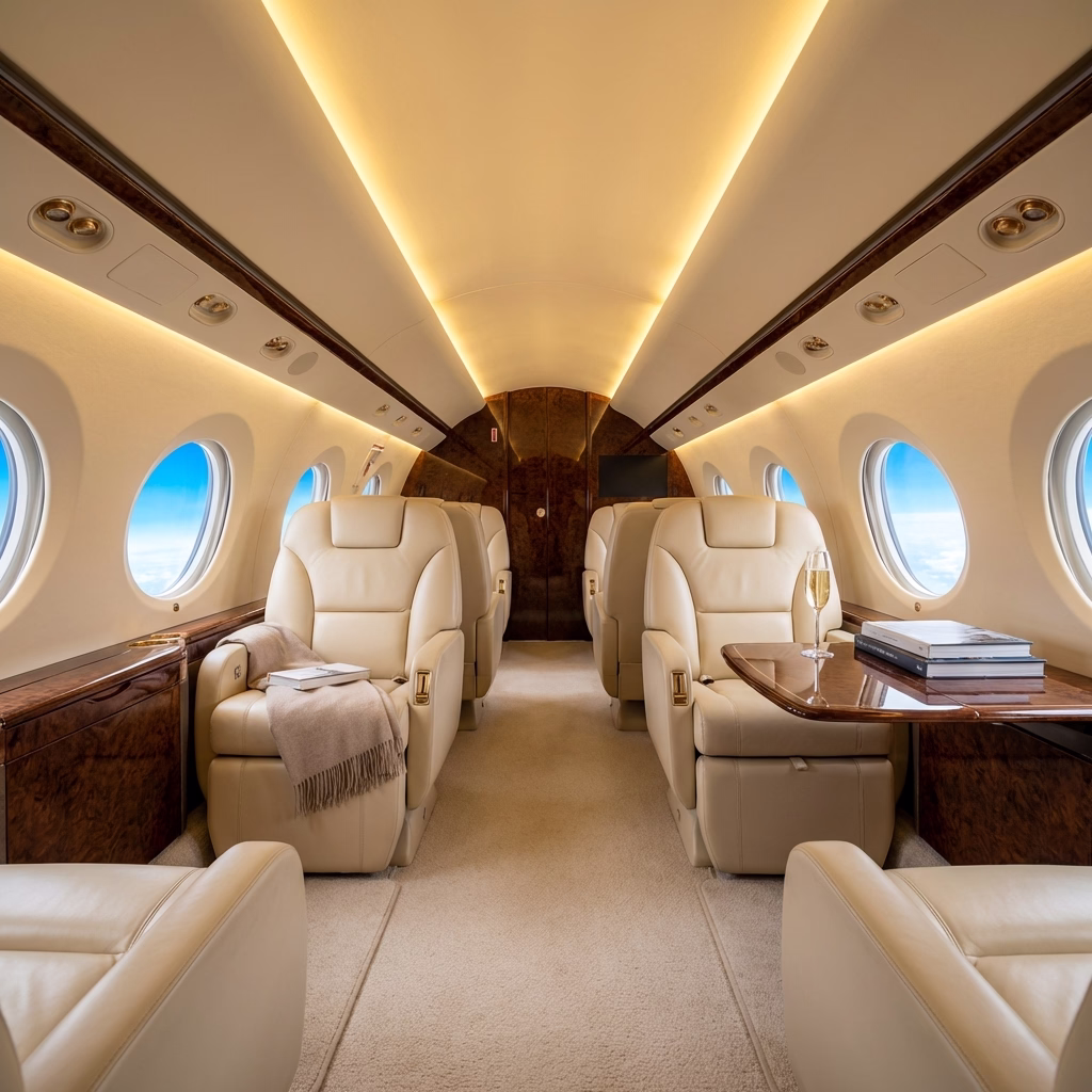 Private jet cabin interior showcasing luxury amenities
